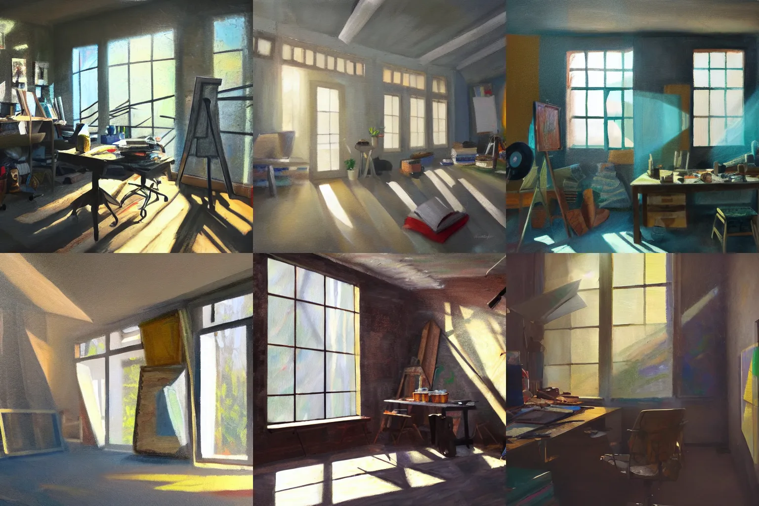 Prompt: high quality painting of a cluttered art studio, large window, volumetric sunlight dappled shadows.