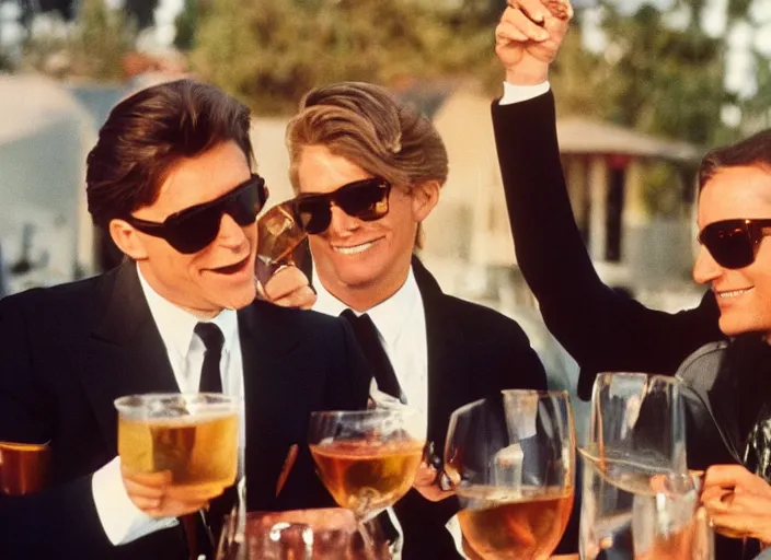 Prompt: color photo of a cool handsome photomodel giving a toast wearing sunglasses the 8 0's