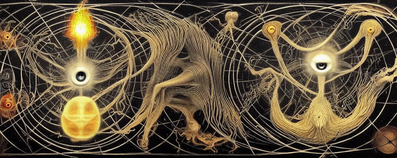 Image similar to a strange earth creature with endearing eyes radiates a unique canto'as above so below'while being ignited by the spirit of haeckel and robert fludd, breakthrough is iminent, glory be to the magic within, in honor of saturn, painted by ronny khalil