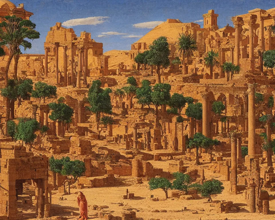 Prompt: an ancient roman city and oasis in the middle of the Saharan desert. intricate, vibrant, blowing sands, Raphael, Hasui Kwase, Rene Margritte, John Martin.