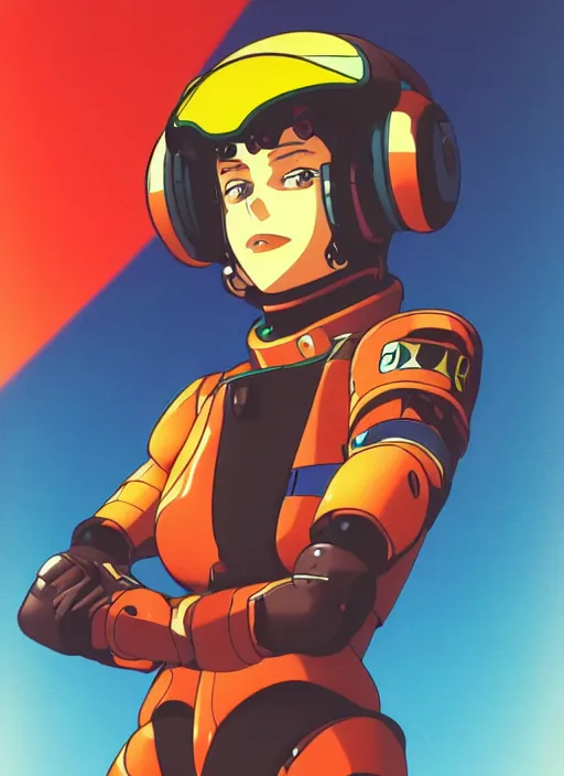 Prompt: Portrait of a female mech pilot in a bodysuit, 80s anime, cel-shaded, highly detailed, dramatic background, complementary lighting, poster