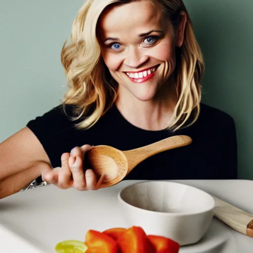 Image similar to reese witherspoon, holding a spoon, wooden spoon, cutlery, photography, smiling, portrait, soft focus