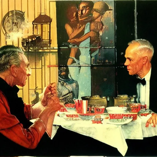 Image similar to a blade runner nexus 6 replicant takes tea with a vicar, painted by norman rockwell and tom lovell and frank schoonover