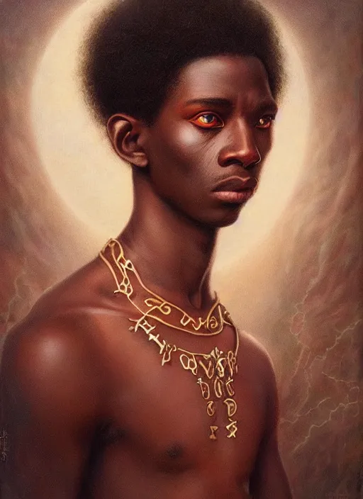 Image similar to portrait of a magical african boy, by agostino arrivabene and tom bagshaw and manuel sanjulian