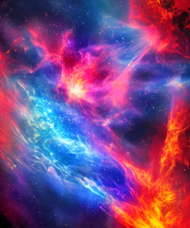 Image similar to blackhole sun, space, photorealistic, bright colors, phoenix flames, nebula clouds, soft tones