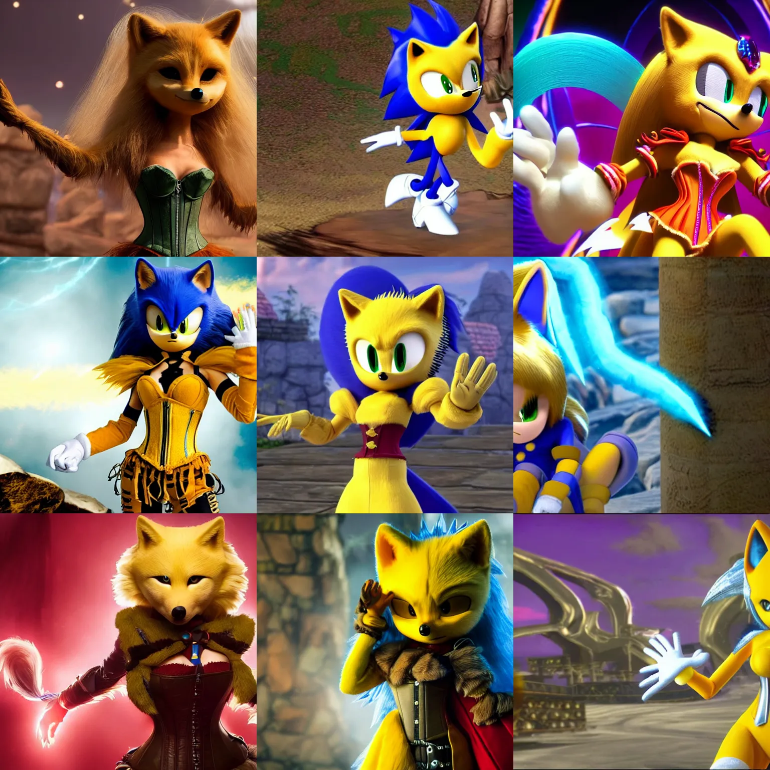 Prompt: a humanoid female yellow wolf wearing a corset, a cloak and a mask, with her hair is going over one of her eyes in sonic the hedgehog ( 2 0 1 8 )