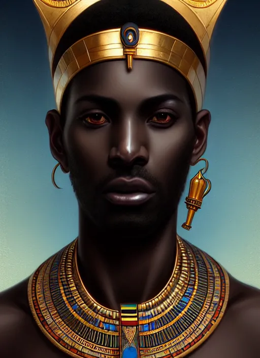 Image similar to close up portrait khonsu moon god, egyptian symbolism, dark black skin, no pupils, handsome sub - saharan african man by artgerm, cushart krenz, greg rutkowski, mucha. art nouveau. gloomhaven, pale colors, sharp edges. ultra clear detailed. 8 k. elegant, intricate, octane render