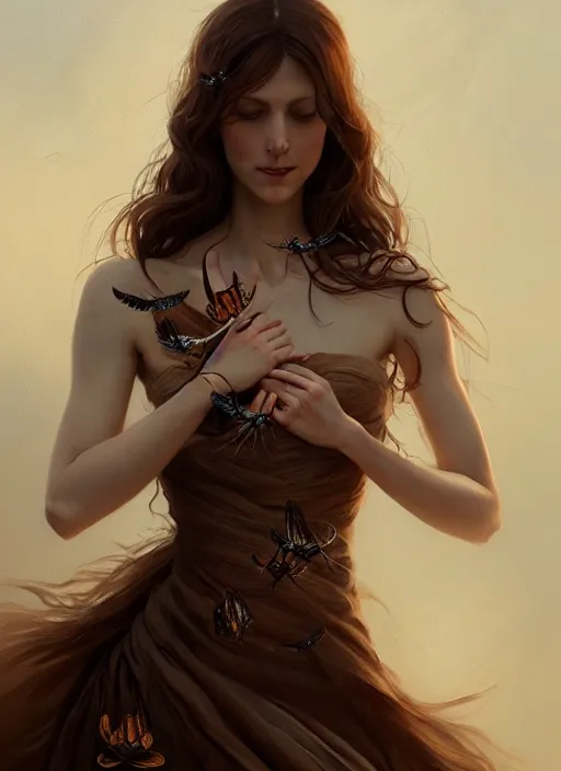 Image similar to portrait of a woman with brown hair wearing a flowing dress, holding her hands out, tattoos of insects, intricate, elegant, highly detailed, digital painting, artstation, concept art, smooth, sharp focus, illustration, art by wlop, mars ravelo and greg rutkowski