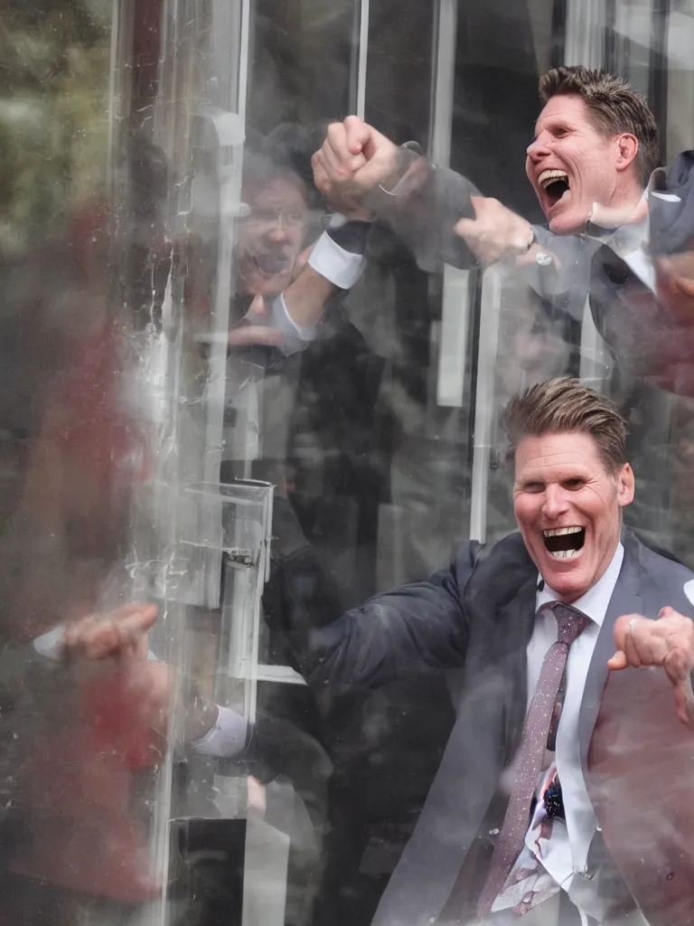 Prompt: Sir Kier Starmer laughing as he punches a window