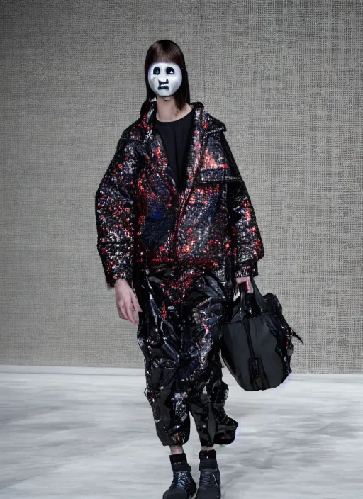 Image similar to hyperrealistic and heavy detailed balenciaga avant garde runway show of jason voorhees, leica sl 2 5 0 mm, vivid color, high quality, high textured, real life, full body in shot, medium distance