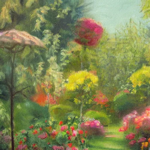 Image similar to A soft painting of a warm garden, low detail