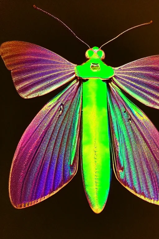 Image similar to high quality close-up photo iridescent moth! jeweled gorgeous! highly detailed david ligare elson peter cinematic neon lighting high quality low angle hd 8k sharp shallow depth of field