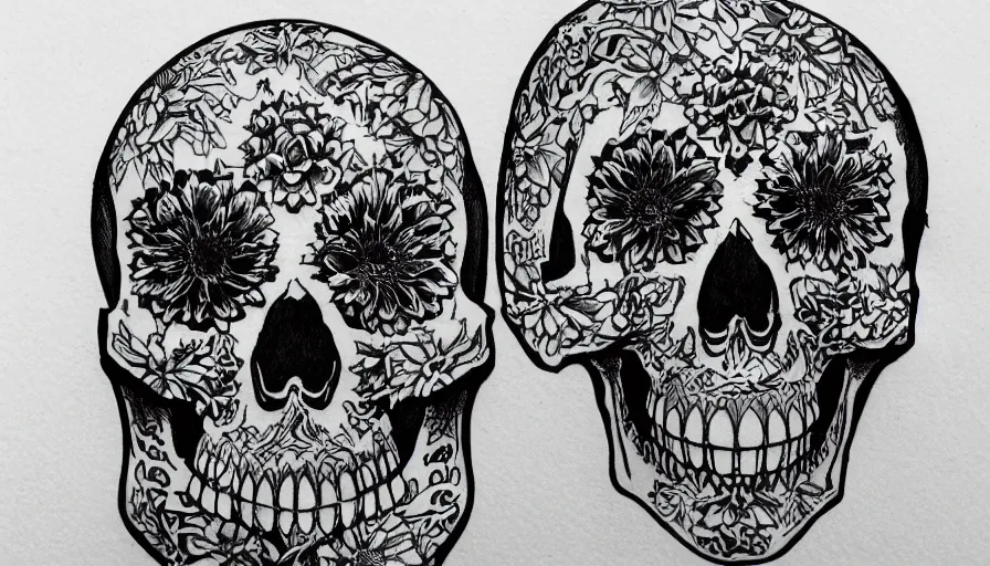 Image similar to highly detailed skull, Japanese ornament, tattoo ink sketch, isolated on white background