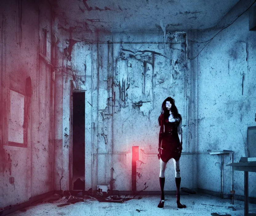 Prompt: Gothic girl standing on an abandoned hospital room with red ceiling lighting and several blue lights on the walls, gloomy and foggy atmosphere, octane render, artstation trending, horror scene, highly detailded