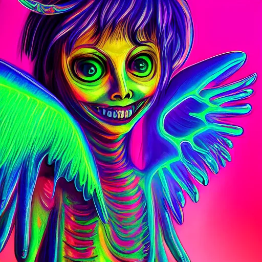 Prompt: a detailed painting of a demon poorly disguised as an angel by Junji ito and Lisa frank, neon color scheme, artstation,8k,artstationHD,artstationHQ, cinematic, diffuse lighting