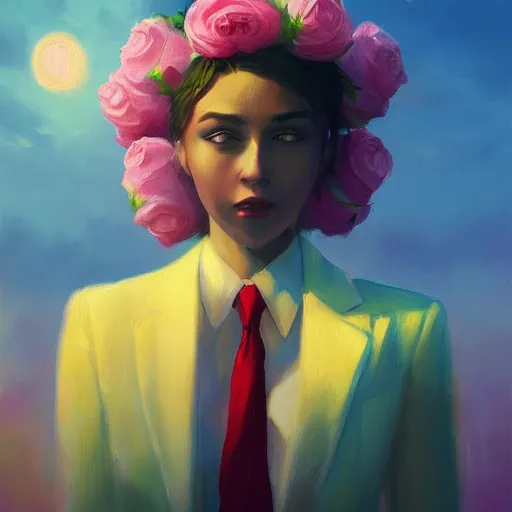 Prompt: closeup, big rose flower over head, frontal, girl in a suit, surreal photography, sunrise, dramatic light, impressionist painting, digital painting, artstation, simon stalenhag