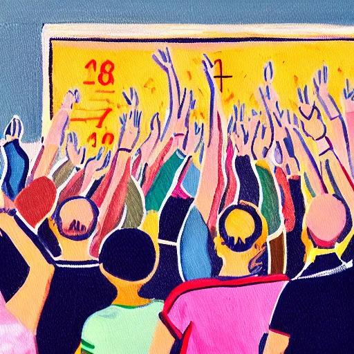 Image similar to A painting of a large group of people cheering at a rising stock chart behind them