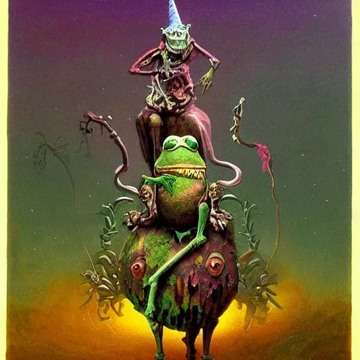 Image similar to muppet frog horseman riding a glowing baroque unicorn skeleton, foggy night, in style of tarot card, painting by beksinski, part by adrian ghenie and neo rauch, in color palette of francis bacon, eerie, mystical, sublime