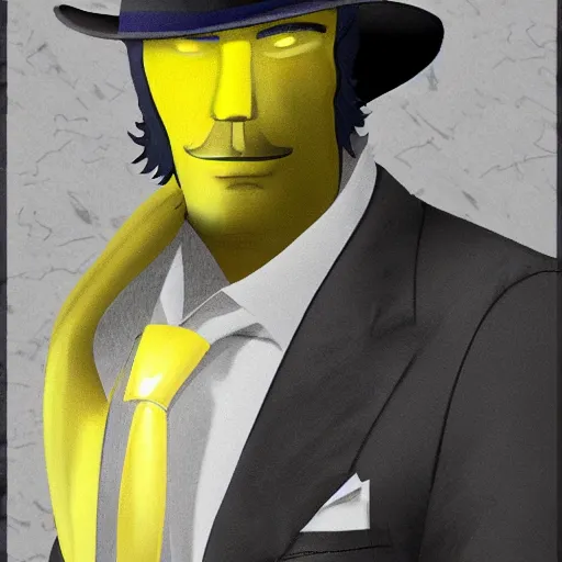 Prompt: Yellow smug man with a fedora and wings, mafia