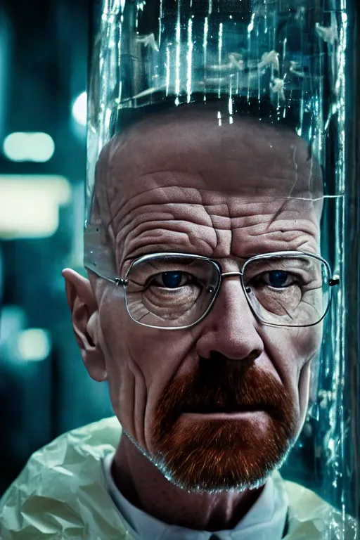 Prompt: Cinestill 50d, 8K, highly detailed, Breaking bad style 3/4 extreme closeup portrait, clear eyes, focus on clear transparent raincoat walter white model, tilt shift h.r giger style background: famous blade runner remake, tokyo izakaya scene