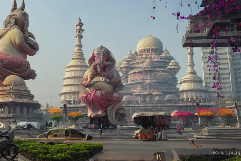 Image similar to beautiful futuristic new delhi, sharp sci - fi ganesha!! building, kalighat flowers, highly detailed cinematic, stephen shore & john j. park, soft morning light, wide shot, ground angle, uhd 8 k, sharp focus