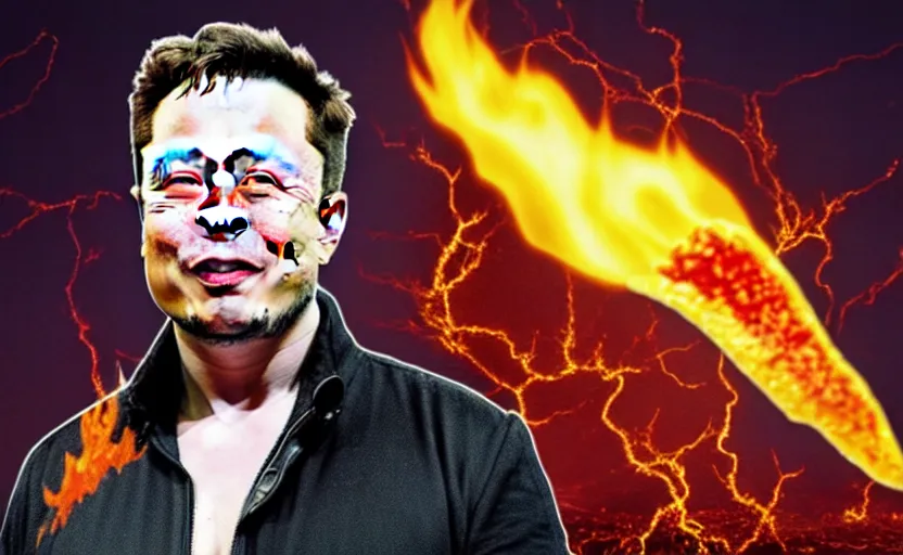 Image similar to elon musk, demon, demon king, fire, lava, banana