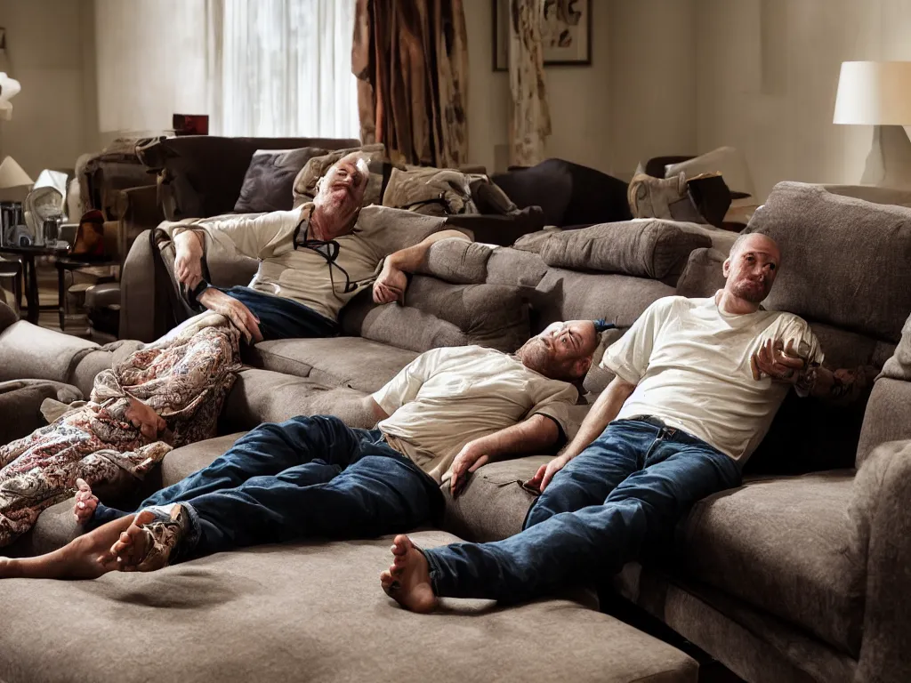 Prompt: Barret Wallace lying on a sofa at a psychotherapy session and telling his issues to his therapist, Nikon D810 , ISO 64 , focal length 20mm, Aperture f/9, Exposure Time 1/40, award-winning National Geographic photo, sharp focus