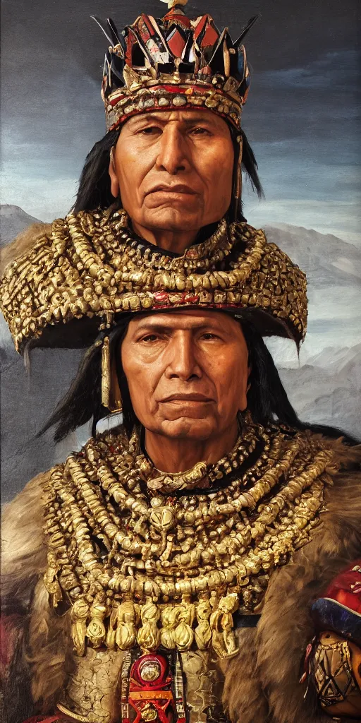 Prompt: Highly detailed and cinematic Renaissance period portrait oil painting of the Incan emperor Atahualpa!!! an oil painting ((masterpiece)) by ((Josep Tapiró Baró)), RPG portrait, dynamic lighting, 8K, Incan!! Inca symbols