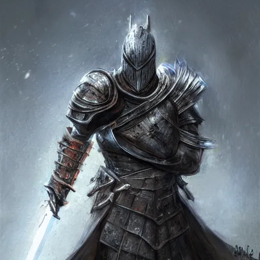 Prompt: messi as a knight crouching down holding a sword over his head by daniel gerhartz, artorias, abysswalker, dark souls, featured on deviantart, fantasy art, concept art, 2 d game art, official art