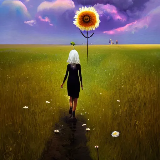 Image similar to giant daisy flower as a head, girl walking in field, surreal photography, moon light, dark night, dramatic, impressionist painting, clouds, digital painting, artstation, simon stalenhag