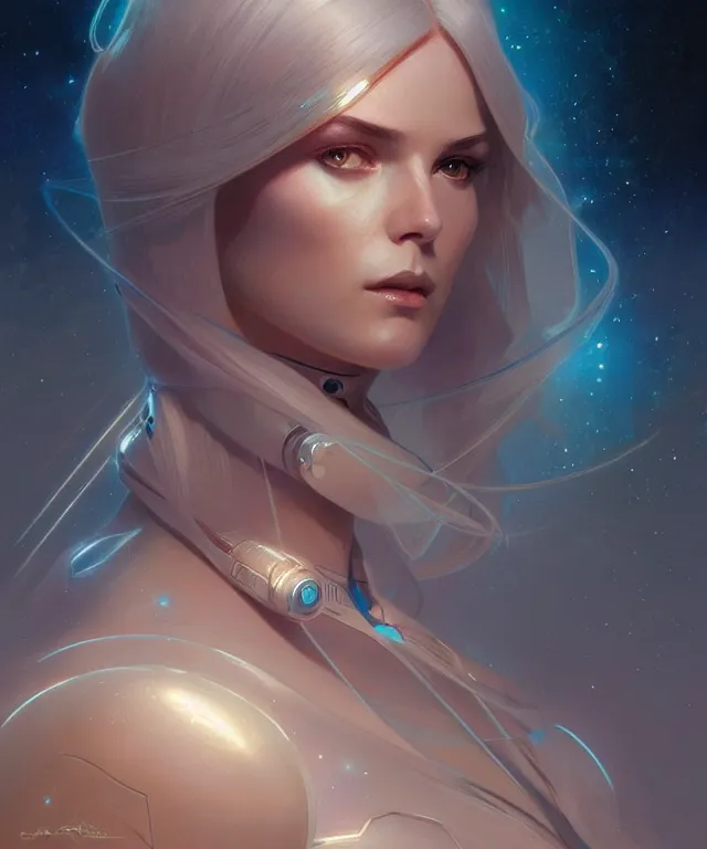 Image similar to futuristic space woman portrait, sci-fi, amber eyes, face, long hair, fantasy, intricate, elegant, highly detailed, digital painting, artstation, concept art, smooth, sharp focus, illustration, art by artgerm and greg rutkowski and alphonse mucha