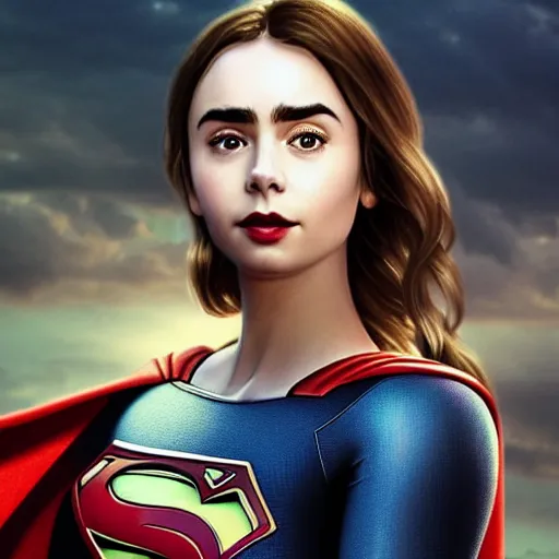 Image similar to a potrait of Lily Collins as Supergirl with man of steel suit style by Greg Rutkowski, Sung Choi, Mitchell Mohrhauser, Maciej Kuciara, Johnson Ting, Maxim Verehin, Peter Konig, 8k photorealistic, cinematic lighting, HD, high details, dramatic, trending on artstation, full body shot