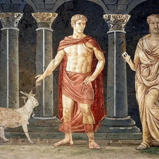 Image similar to photo of an ancient roman fresco on a wall in an ancient roman villa : mark zuckerberg as a roman noble senator next to a grill with meats. dressed in a white toga. serious facial expression. detailed, intricate artwork. faded shadows