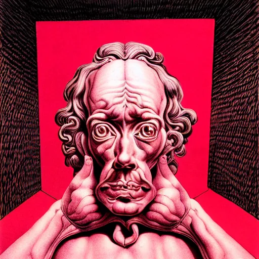 Image similar to red and pink graphic conceptual post - mortem monumental portrait made by escher and william blake and salvador dali, highly conceptual art, intricate detailed painting, illustration sharp detail, manga 1 9 9 0