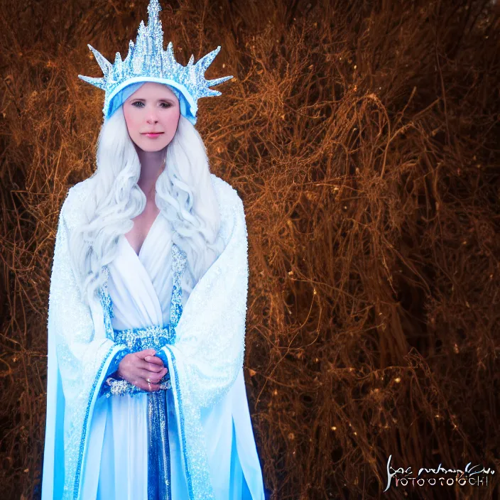 Image similar to professional photograph of a real - life ice queen with ornate robes. extremely detailed. dslr. 5 0 mm 8 k