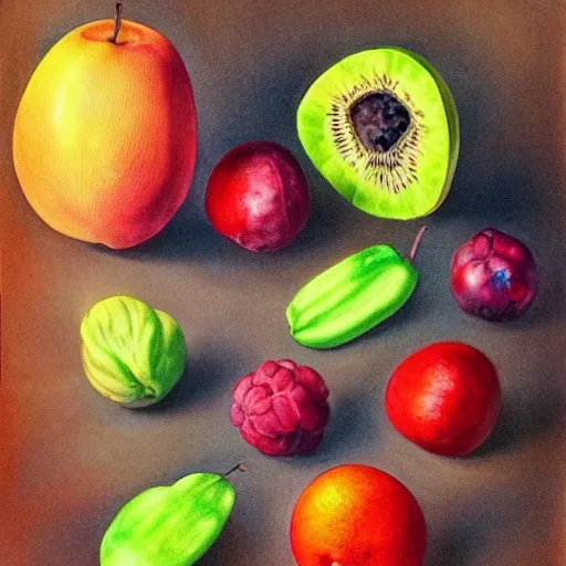 Prompt: Non-existent fantasy style fruit, fantastic colors, still life drawings.