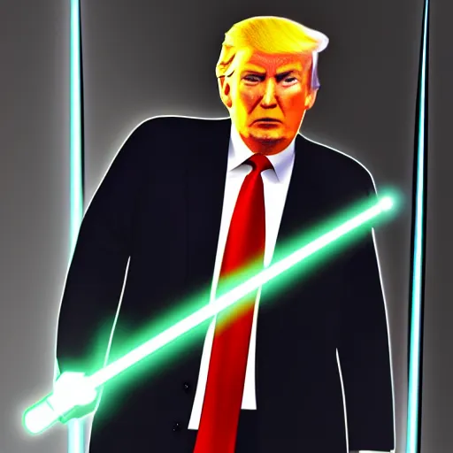 Image similar to donald trump with a lightsaber, dynamic lighting, highly detailed