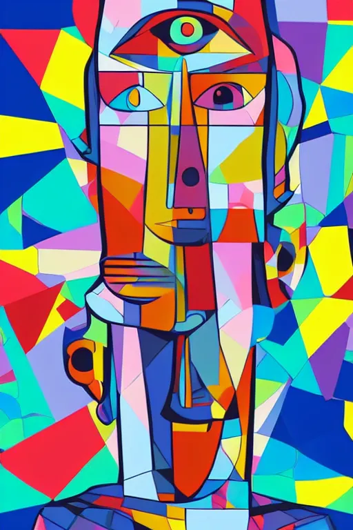 Image similar to cubist moai statue cutout digital illustration cartoon colorful beeple