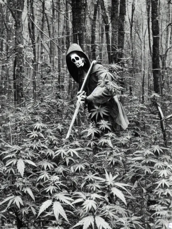 Image similar to grim reaper in cannabis forest, ww1 photo, grainy, high detail, high resolution,