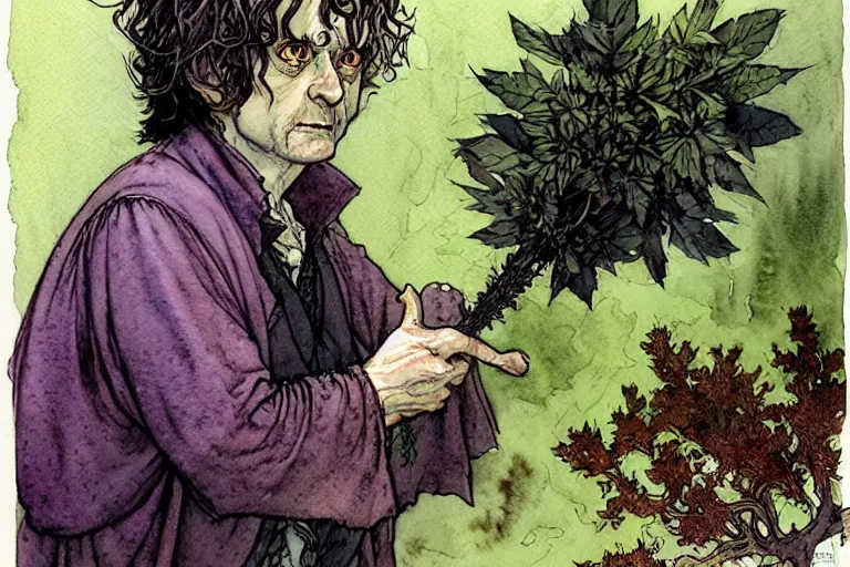 Image similar to a realistic and atmospheric watercolour fantasy character concept art portrait of bilbo baggins with pink eyes freaking out with a pot leaf nearby, by rebecca guay, michael kaluta, charles vess and jean moebius giraud