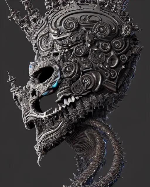 Image similar to 3 d ornate carved dark cosmic king with profile portrait, sigma 5 0 0 mm f / 5. beautiful intricate highly detailed quetzalcoatl skull. bioluminescent, plasma, lava, ice, water, wind, creature, thunderstorm! artwork by tooth wu and wlop and beeple and greg rutkowski, 8 k trending on artstation