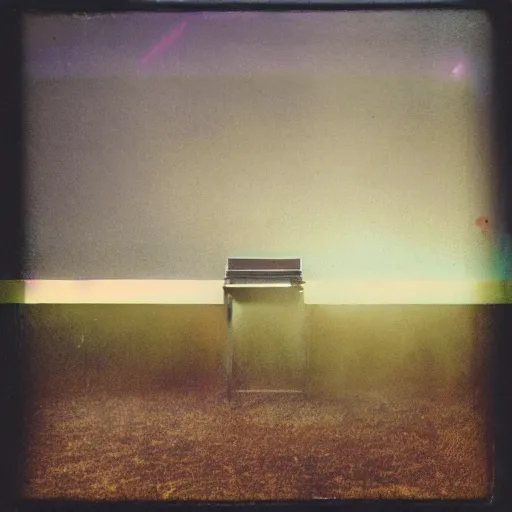 Prompt: a pastel coloured Polaroid photo of a minimalist cubic neon piano made of transparent perspex in a field, beams of light, nostalgic, morning fog, centre-frame