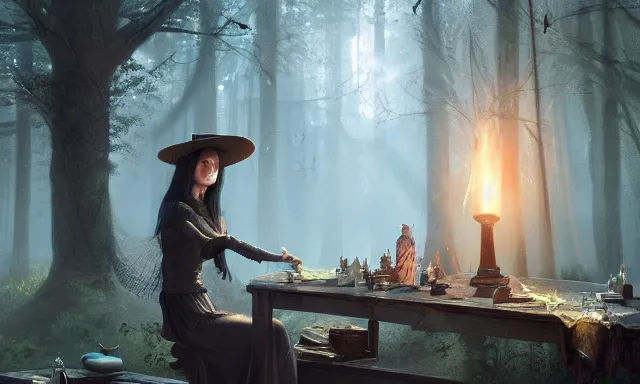 Image similar to witch doing a card trick, cardistry, cards, fantasy, digital art, soft lighting, nature, 8 k, fantasy concept art by greg rutkowski