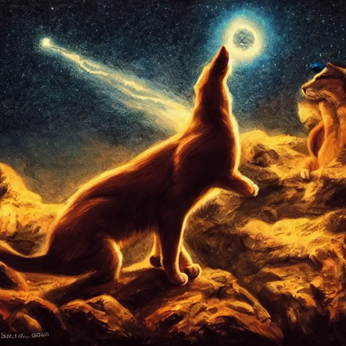 Prompt: cinematic humans praying to a giant cat god while there is a meteor shower that threatens to extinguish the world, dramatic pose, beautiful lighting, sharp details, hyper - detailed, hd, hdr, 4 k, 8 k, art by basil gogos