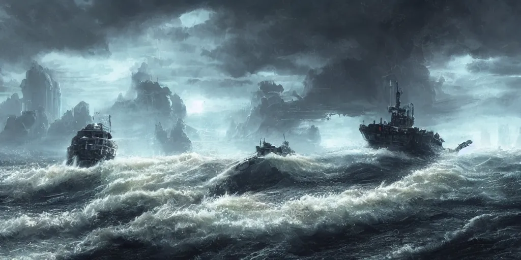 Image similar to scifi barge in turbulent waters in rocky coast, hyper realistic, highly detailed, digital art, apocalyptic, intimidating lighting, raytracing, sharp focus, smooth, romanticism