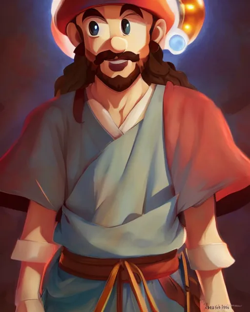 Image similar to an anime portrait of jesus christ in the world of super mario, by stanley artgerm lau, wlop, rossdraws, james jean, andrei riabovitchev, marc simonetti, and sakimichan, trending on artstation