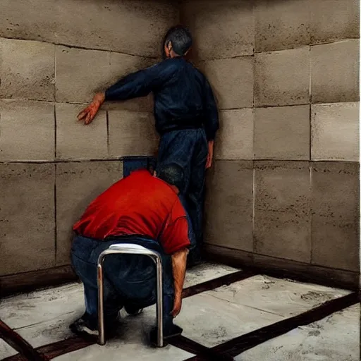 Image similar to hyperrealism painting of prisoners scheming in prison cell to escape prison while guards distracted
