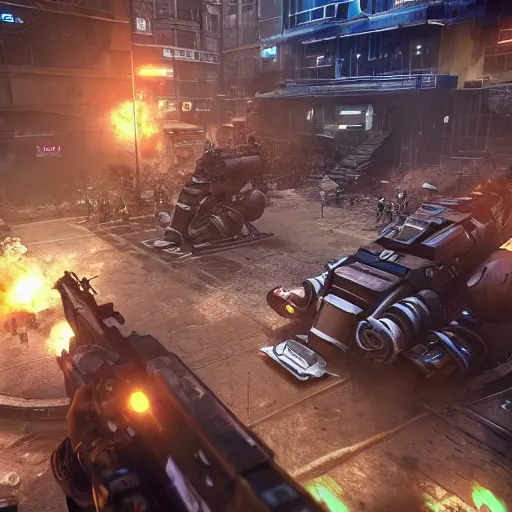 Image similar to 3 rd person game still of a sci - fi steampunk first person shooter game set in an overpopulated city scene with hundreds of fighting mechs, many npcs on the streets, night and bright sun, unreal engine 5