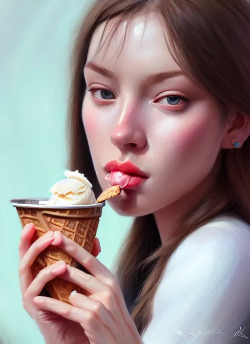 Prompt: a photorealistic detailed portrait of a beautiful girl eating ice cream, detailed, intricate, elegant, highly detailed, digital painting, artstation, concept art, smooth, sharp focus, illustration, art by greg rutkowskii 8 k