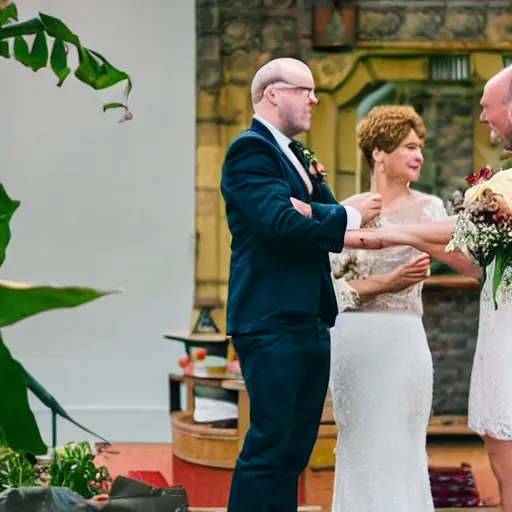 Image similar to a lovely gay wedding between a middle aged balding white man and a young brown skinny Latino man